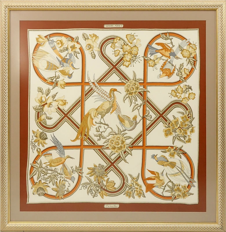 Hermes "Caraibes" Silk Scarf in Frame. 