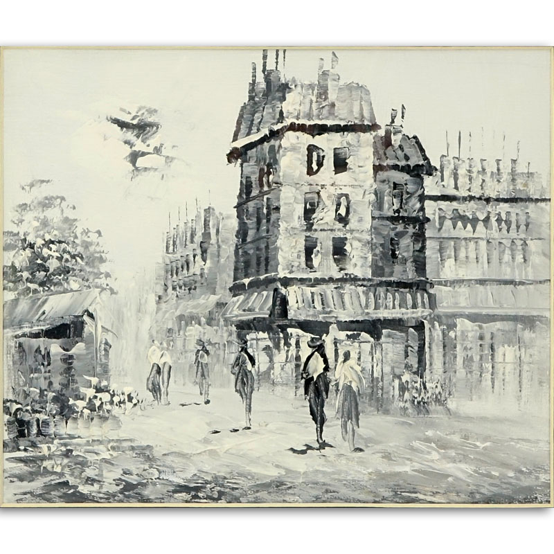 19/20th Century French School Grisaille Oil Painting On Canvas "Paris Street". 