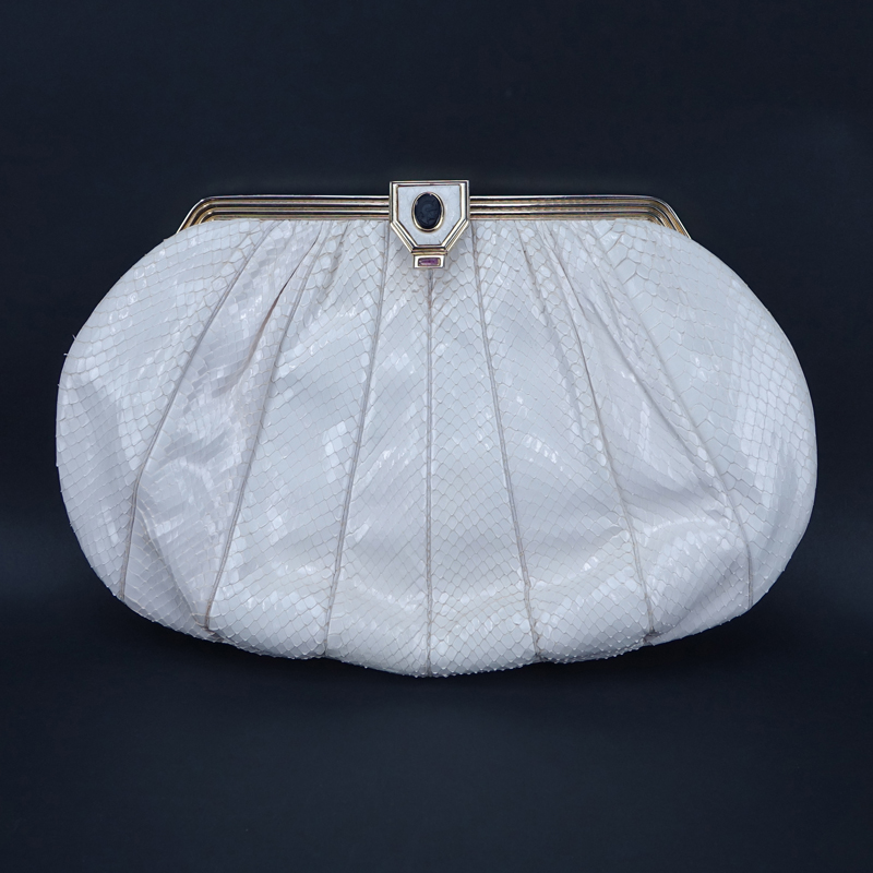 Vintage Judith Leiber White Snakeskin Handbag With Intaglio Closure.