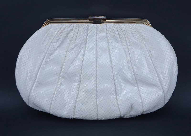 Vintage Judith Leiber White Snakeskin Handbag With Intaglio Closure.