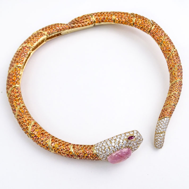 Finely Made Contemporary Approx. 8.60 Carat Pave Set Round Brilliant Cut Diamond, 20.0 Carat Cabochon Pink Sapphire, 80.10 Carat Pave Set Orange Sapphire and 18 Karat Yellow Gold Articulated Snake Hinged Choker Necklace. 