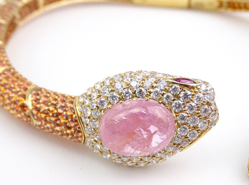 Finely Made Contemporary Approx. 8.60 Carat Pave Set Round Brilliant Cut Diamond, 20.0 Carat Cabochon Pink Sapphire, 80.10 Carat Pave Set Orange Sapphire and 18 Karat Yellow Gold Articulated Snake Hinged Choker Necklace. 