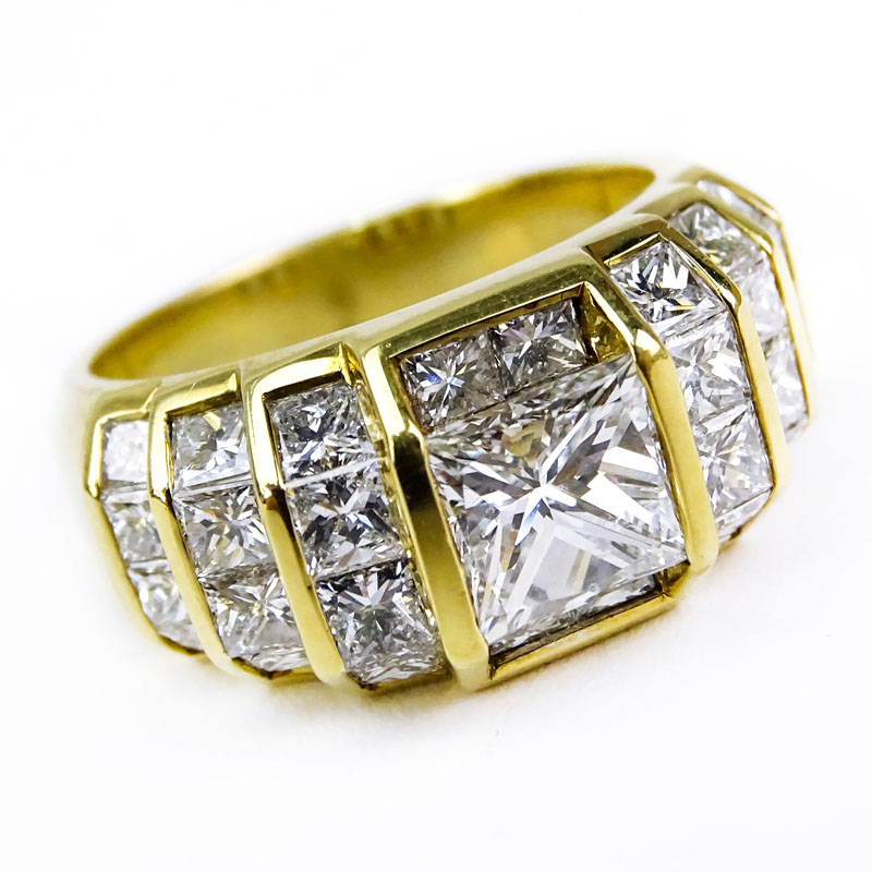 Approx. 3.97 Carat TW Princess Cut Diamond and 18 Karat Yellow Gold Ring.