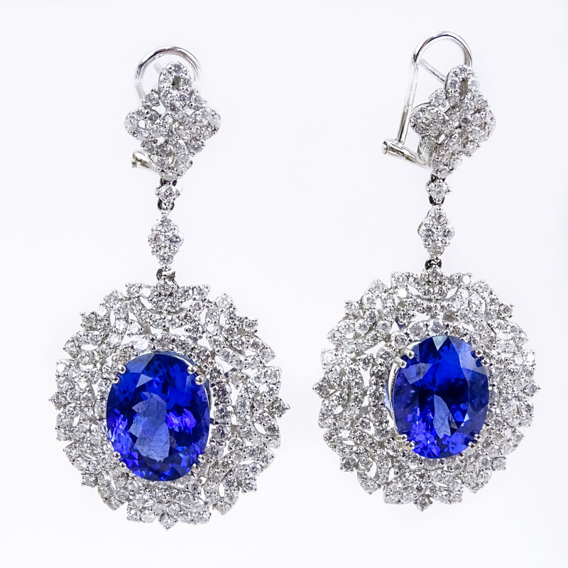 Approx. 12.0 Carat Oval Cut Tanzanite, 6.0 Carat Round Brilliant Cut Diamond and 18 Karat White Gold Pendant Earrings. 