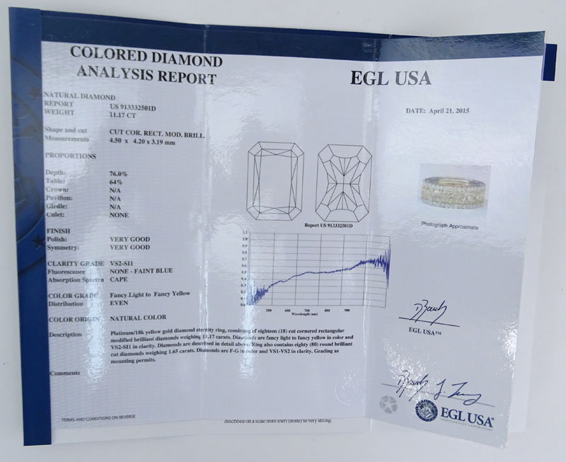 EGL Certified 11.17 Carat Rectangular Cut Fancy Light Yellow-Fancy Yellow Diamond, 1.65 Carat Round Brilliant Cut Diamond, Platinum and 18 Karat Yellow Gold Eternity Band. 