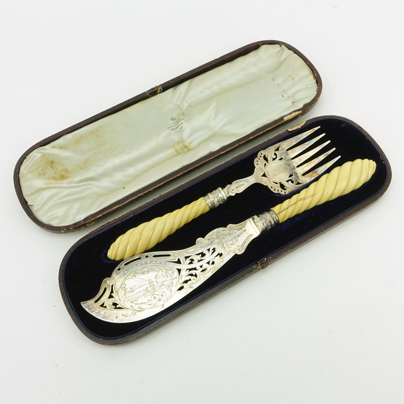 19th Century English Silver Fish Serving Set In Fitted Case.