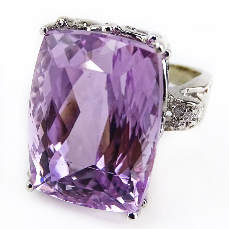 Large Vintage Cushion Cut Martha Rocha Kunzite, Diamond and 14 Karat White Gold Ring. 