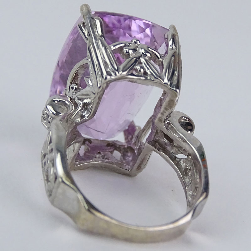 Large Vintage Cushion Cut Martha Rocha Kunzite, Diamond and 14 Karat White Gold Ring. 