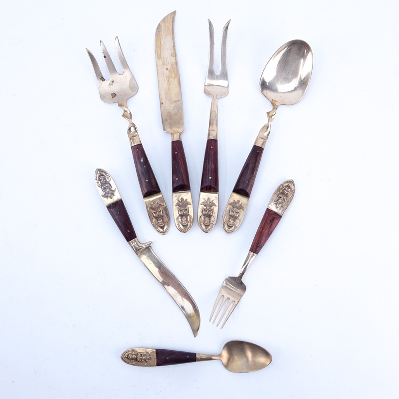 Twenty Nine (29) Pc Anant Thailand Brass and Wood Handle Flatware.