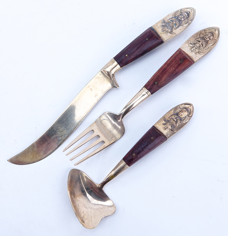 Twenty Nine (29) Pc Anant Thailand Brass and Wood Handle Flatware.