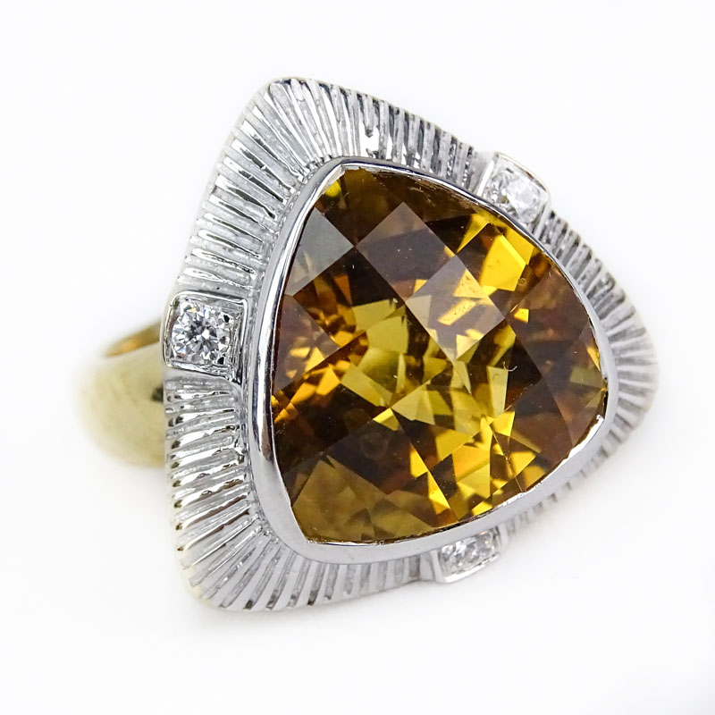 Vintage Criss Cross Triangular Cut Citrine, Diamond and 14 Karat Yellow and White Gold Ring. 