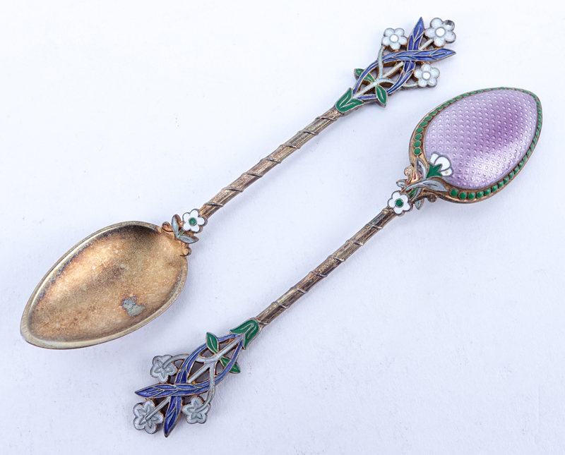 Set of Six (6) 950 Silver Enameled Demitasse Spoons.