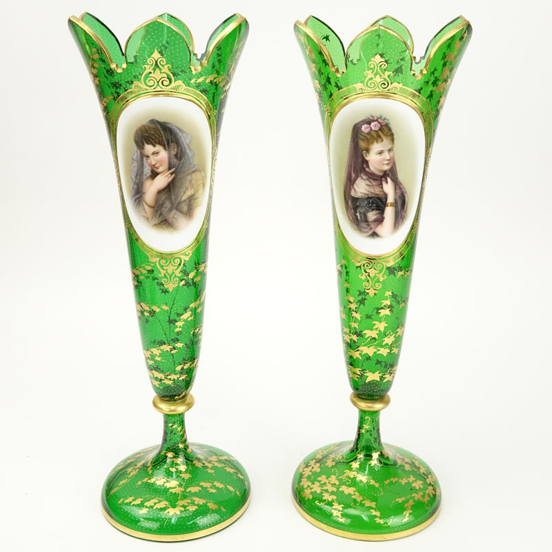 Pair Of Antique Bohemian Hand painted Portrait Vases.