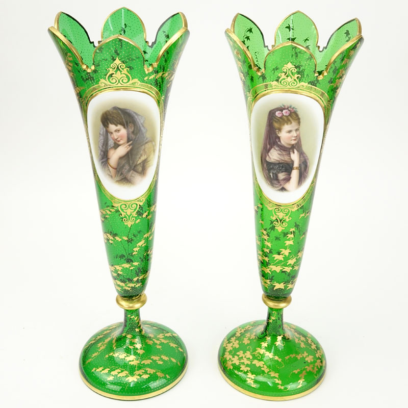 Pair Of Antique Bohemian Hand painted Portrait Vases.