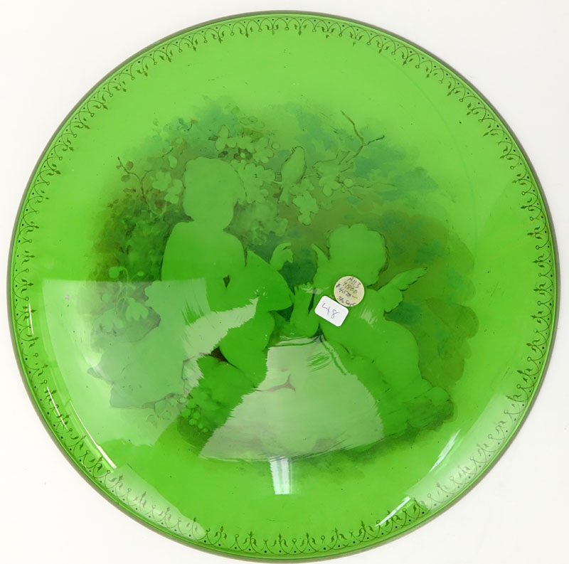 Antique Hand Painted Green Glass Platter.