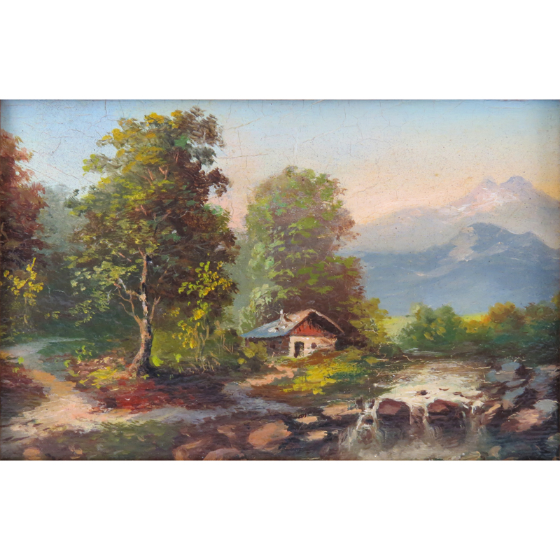 19th Century Austrian "Das Passeiertal in Tirol" Oil on Wood Panel. Signed with  "Z" shaped letter lower right.