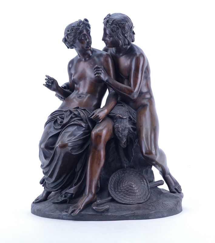 After: Jean-Jacques Feuchère, French (1807-1852) Bronze sculpture "Figural Group Of Two Nudes". 