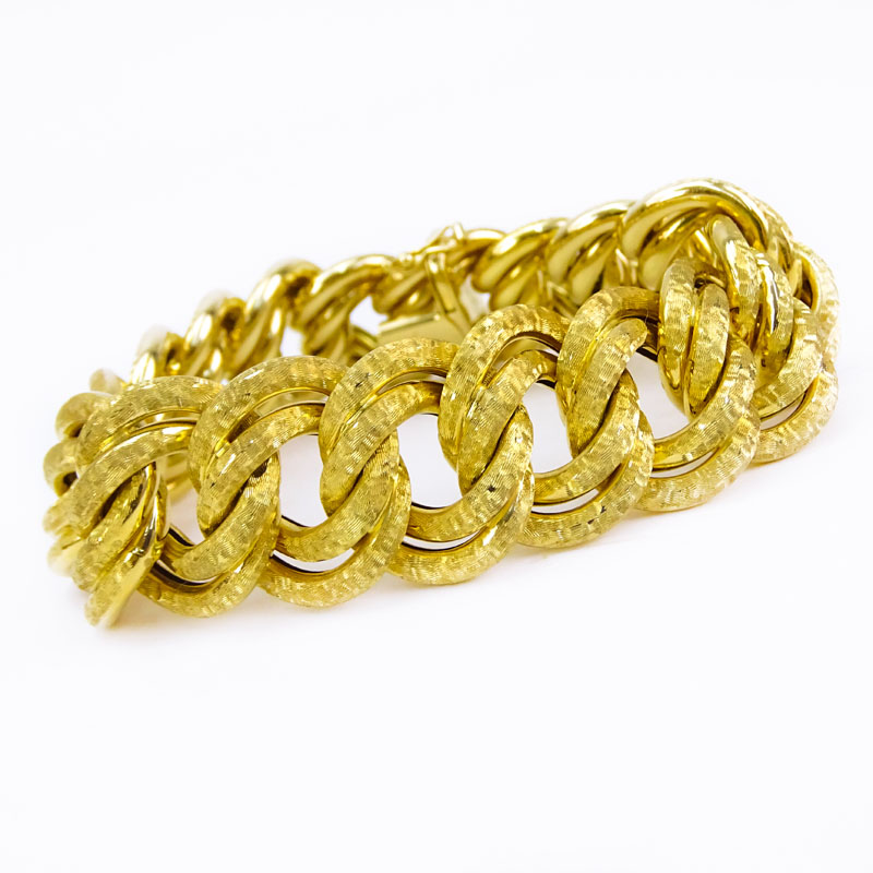 Vintage Italian 18 Karat Yellow Gold Wide Link Textured Link Bracelet.