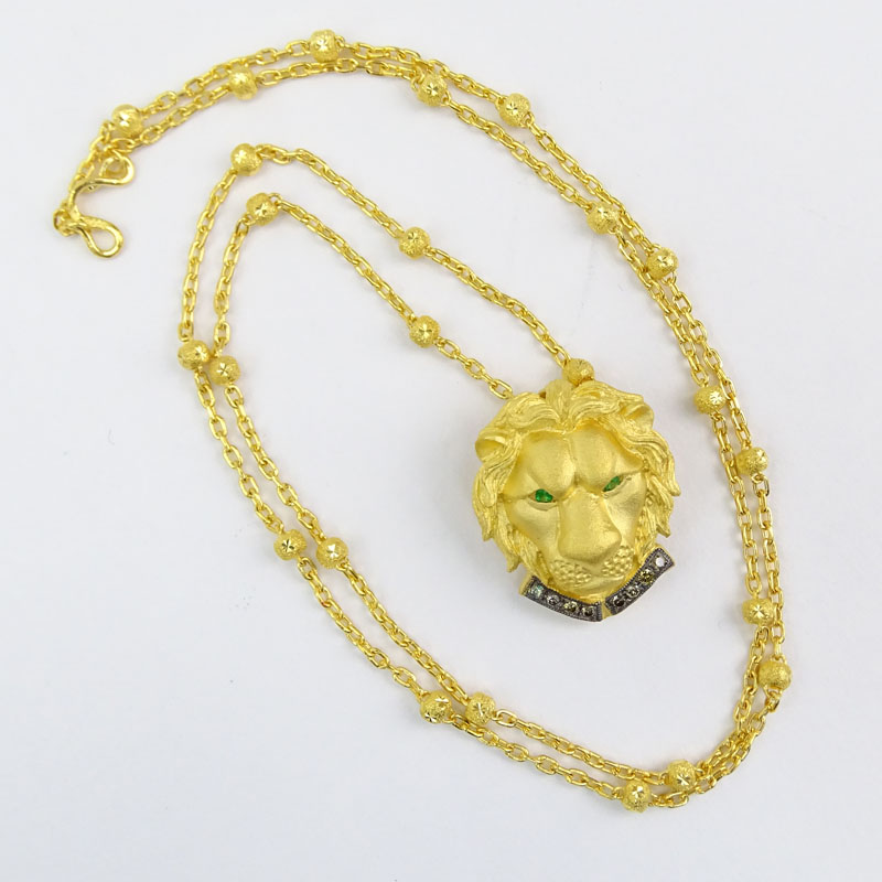 Vintage 24 Karat Yellow Fine Gold Lion Pendant Necklace Accented with Fancy Yellow Diamonds.