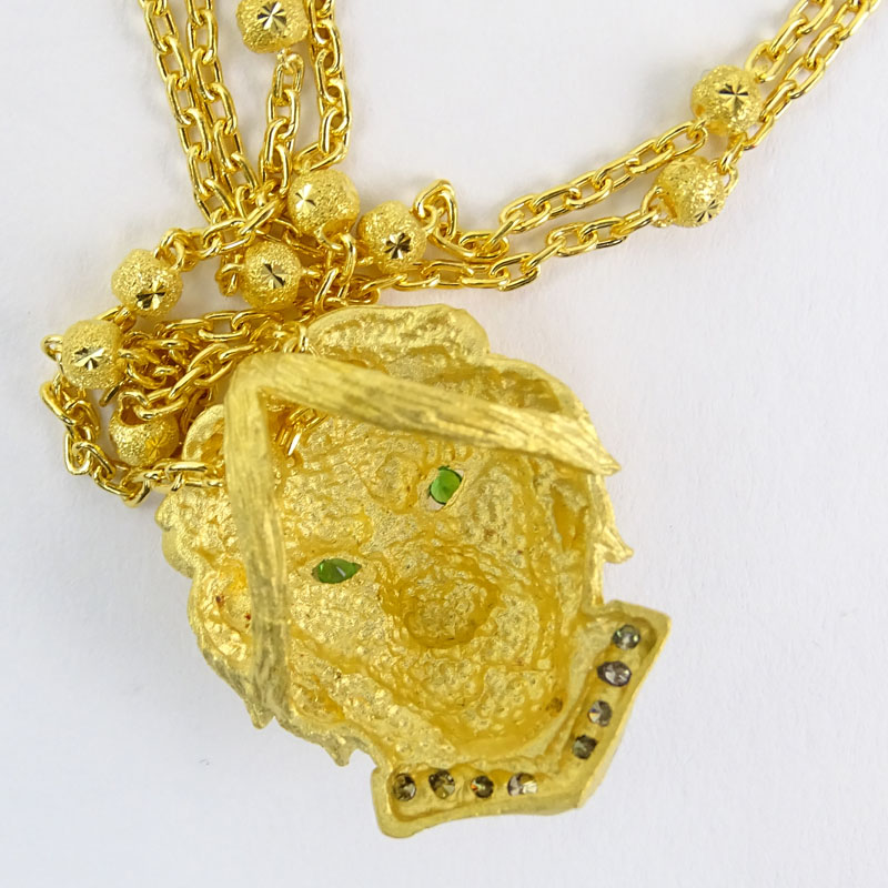 Vintage 24 Karat Yellow Fine Gold Lion Pendant Necklace Accented with Fancy Yellow Diamonds.