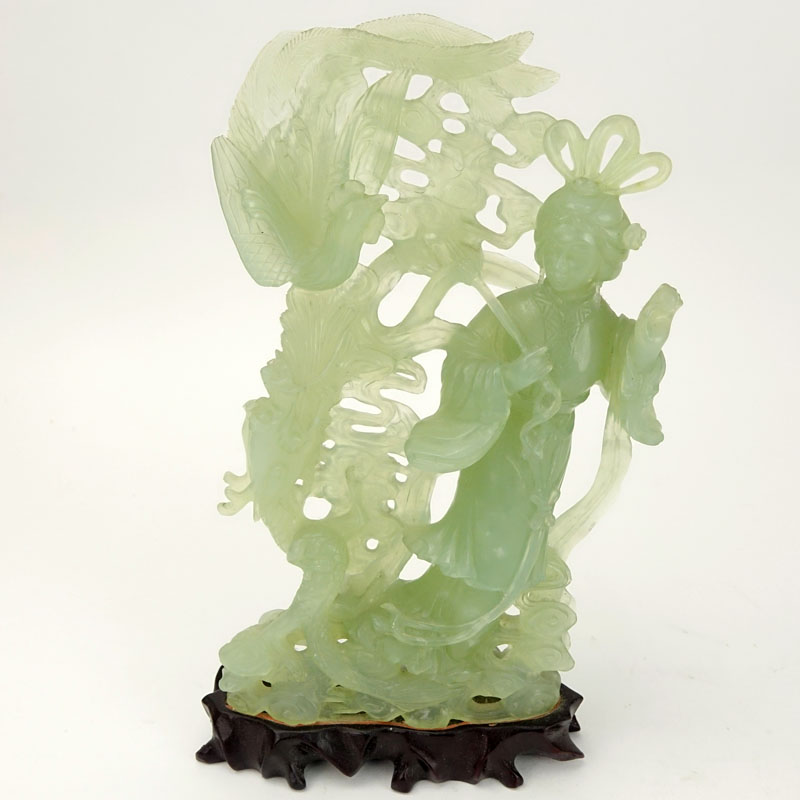 Chinese Carved Jadeite Guanyin Figurine on Wooden Base.