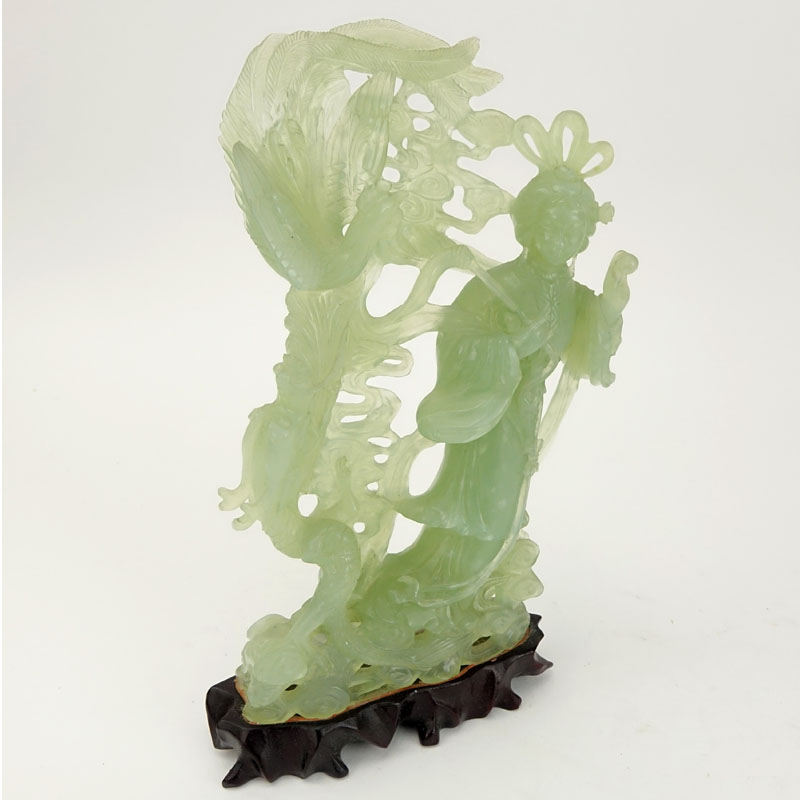 Chinese Carved Jadeite Guanyin Figurine on Wooden Base.