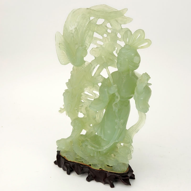 Chinese Carved Jadeite Guanyin Figurine on Wooden Base.