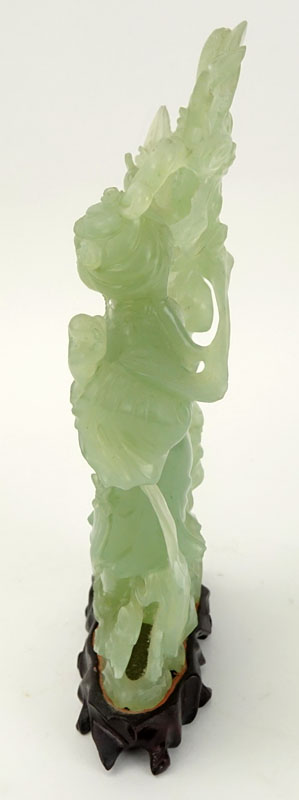 Chinese Carved Jadeite Guanyin Figurine on Wooden Base.