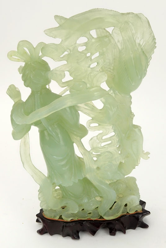 Chinese Carved Jadeite Guanyin Figurine on Wooden Base.