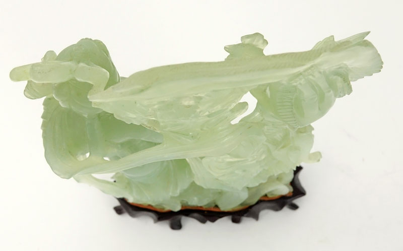 Chinese Carved Jadeite Guanyin Figurine on Wooden Base.