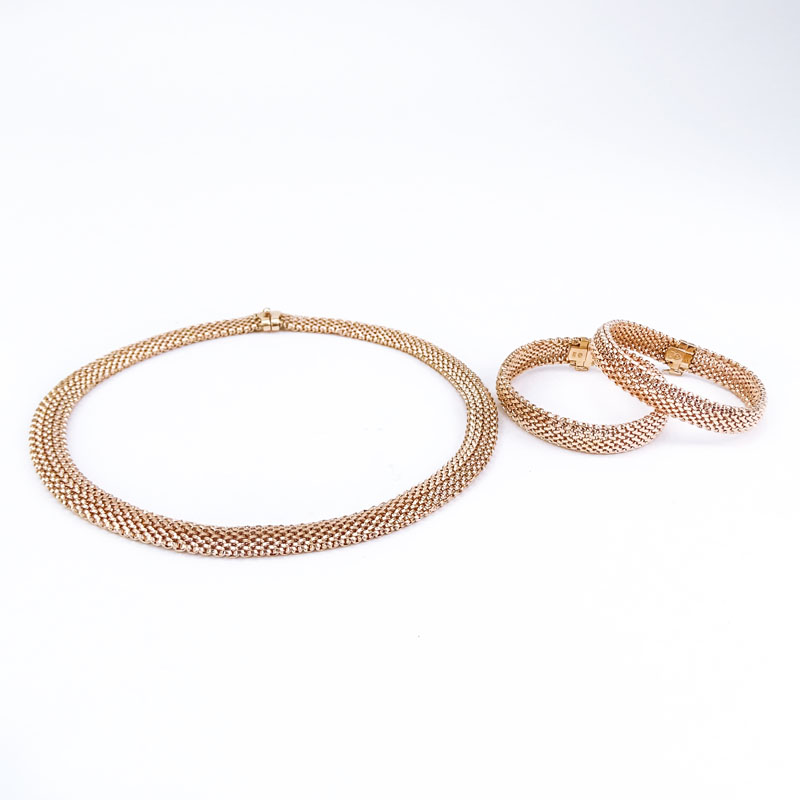 Vintage 14 Karat Pink Gold Mesh Link Necklace and Two (2) Bracelet Suite.