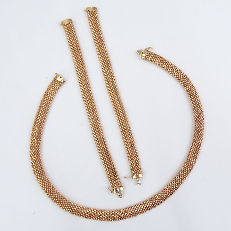 Vintage 14 Karat Pink Gold Mesh Link Necklace and Two (2) Bracelet Suite.