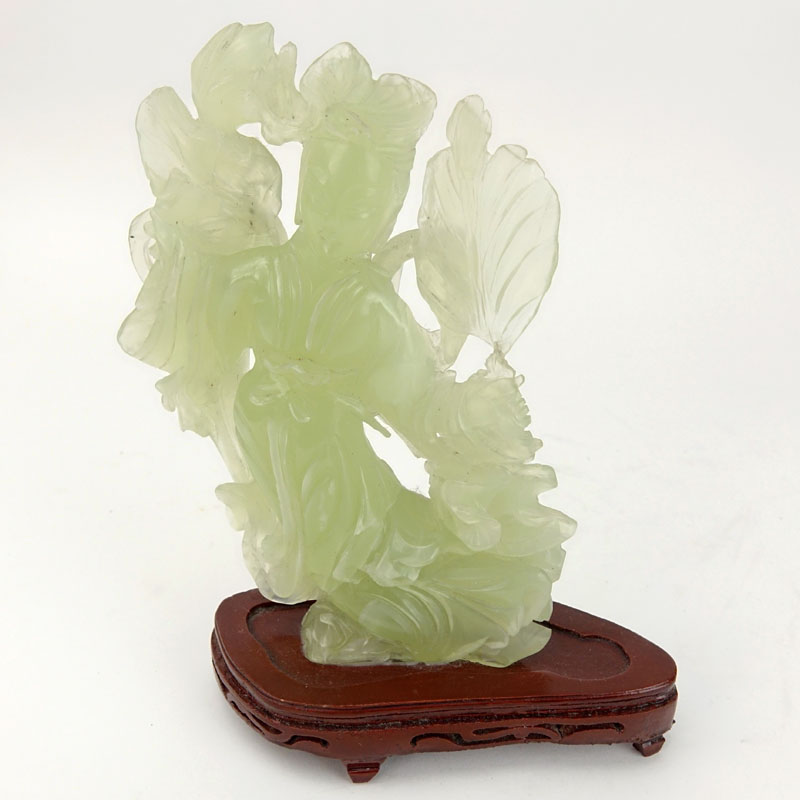 Chinese Carved Jadeite Guanyin Figurine on Wooden Base.