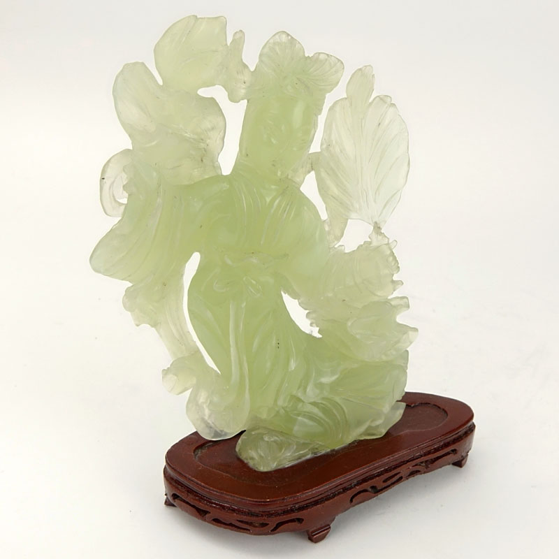 Chinese Carved Jadeite Guanyin Figurine on Wooden Base.