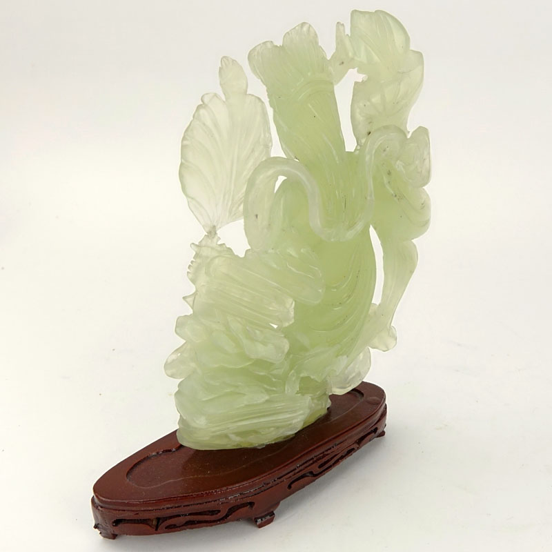 Chinese Carved Jadeite Guanyin Figurine on Wooden Base.