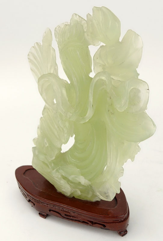 Chinese Carved Jadeite Guanyin Figurine on Wooden Base.