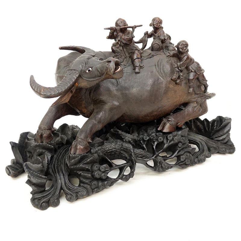 19/20th Century Chinese Carved Wood Water Buffalo  With Children On Floral Carved Base.