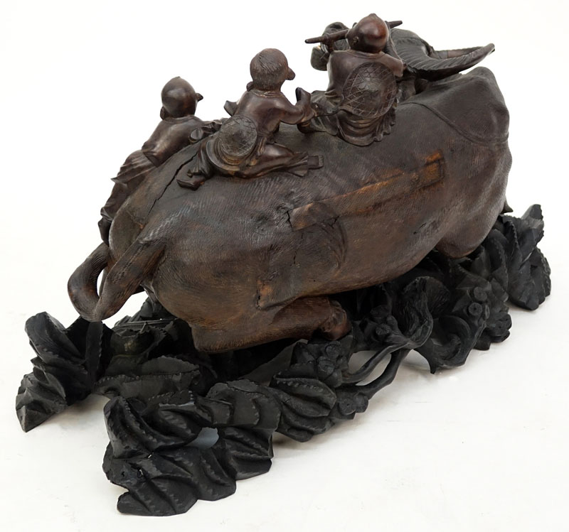 19/20th Century Chinese Carved Wood Water Buffalo  With Children On Floral Carved Base.