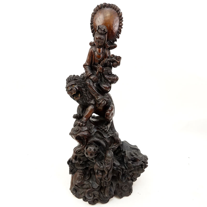 Huge 19/20th Century Chinese Carved Wood Quan Yin On A Foo Lion Sculpture.