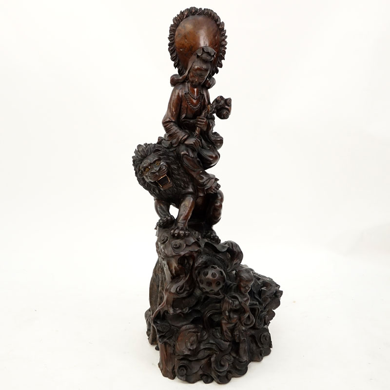 Huge 19/20th Century Chinese Carved Wood Quan Yin On A Foo Lion Sculpture.