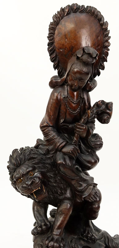 Huge 19/20th Century Chinese Carved Wood Quan Yin On A Foo Lion Sculpture.