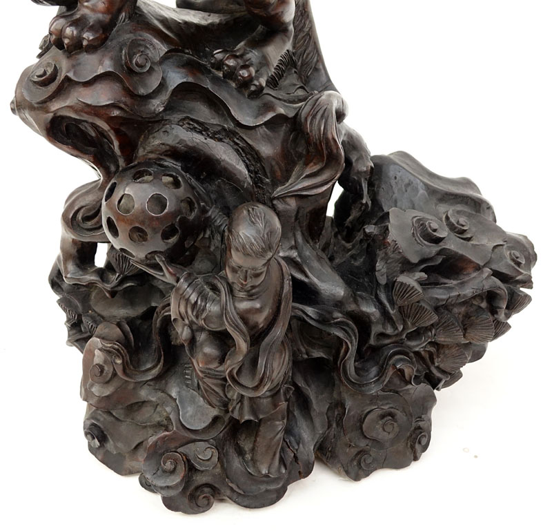 Huge 19/20th Century Chinese Carved Wood Quan Yin On A Foo Lion Sculpture.