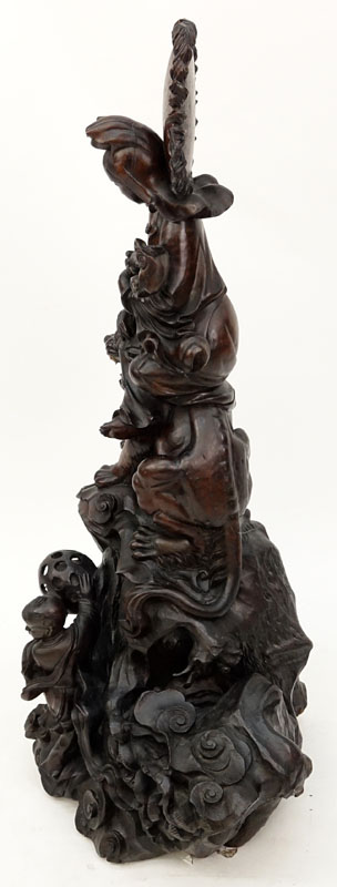 Huge 19/20th Century Chinese Carved Wood Quan Yin On A Foo Lion Sculpture.