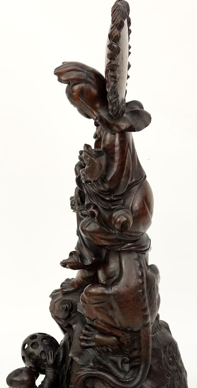 Huge 19/20th Century Chinese Carved Wood Quan Yin On A Foo Lion Sculpture.