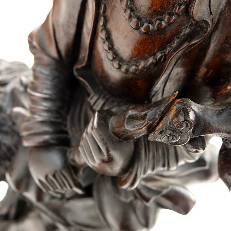 Huge 19/20th Century Chinese Carved Wood Quan Yin On A Foo Lion Sculpture.