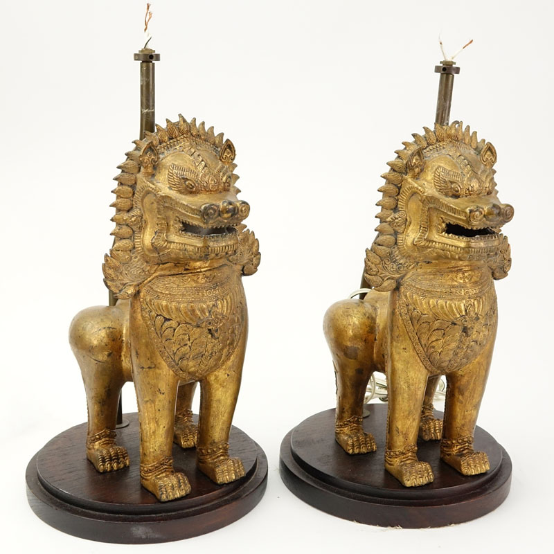 Pair of Vintage Gilt Metal Foo Lion Lamps.