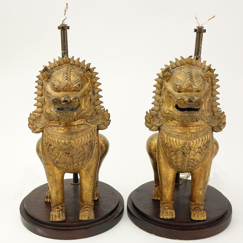 Pair of Vintage Gilt Metal Foo Lion Lamps.