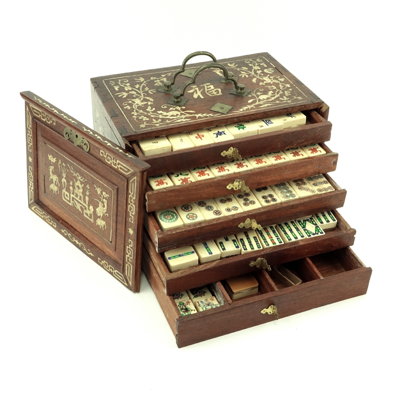 Vintage Bone Mah Jong Set In Bone Inlaid Wood Box.