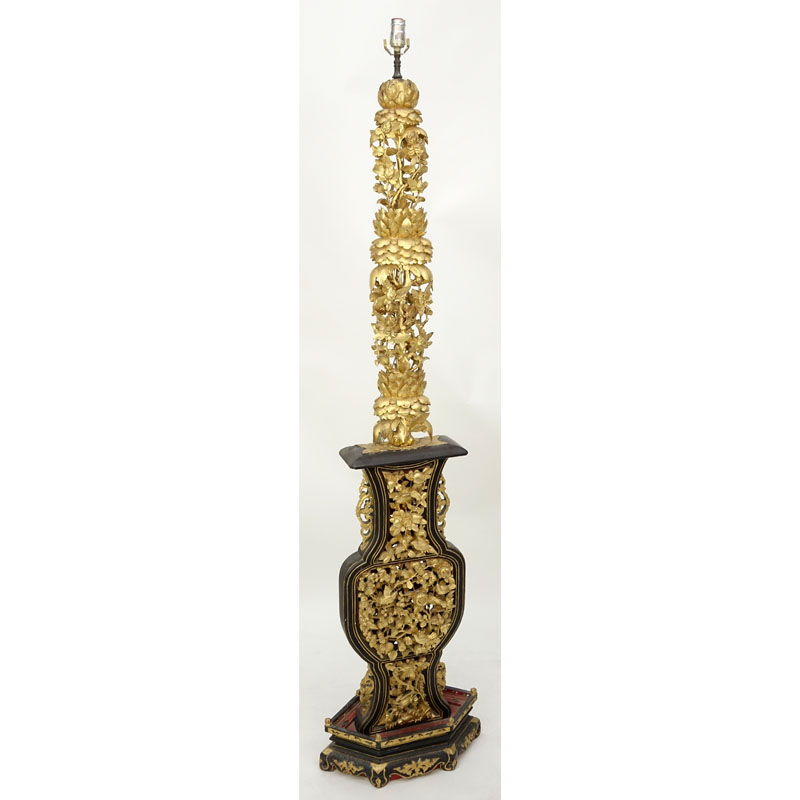 Large 19/20th Century Chinese Heavy Carved Gilt Wood and Black Painted Temple Candle Holder Mounted as Lamp.