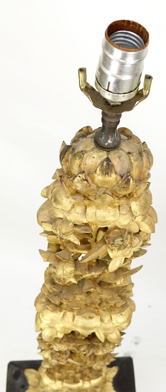 Large 19/20th Century Chinese Heavy Carved Gilt Wood and Black Painted Temple Candle Holder Mounted as Lamp.